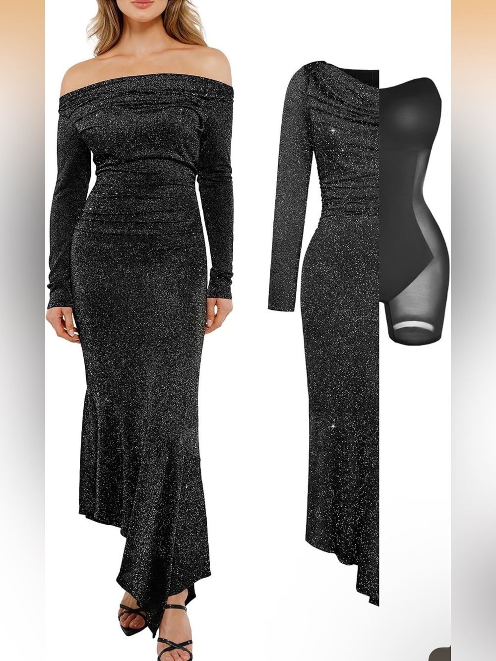 Popilush Off-Shoulder Long Sleeve Black Glitter Evening Dress